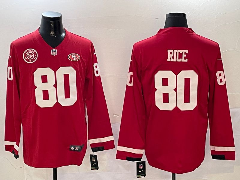 Men San Francisco 49ers 80 Rice Red long sleeve 2024 Nike NFL Jersey style 01043
